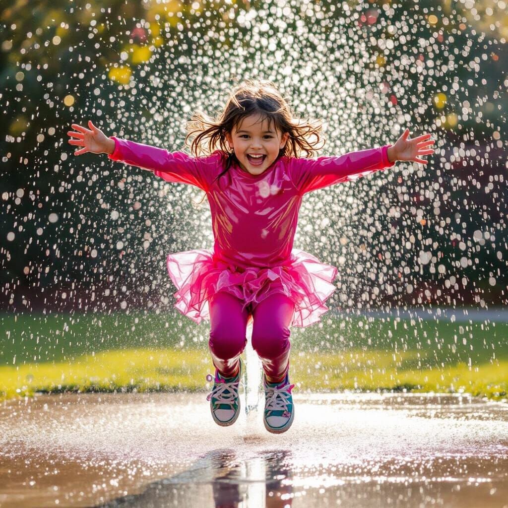 Joyous Girl Leaping in Sprinkler Light, Photorealistic Paint...