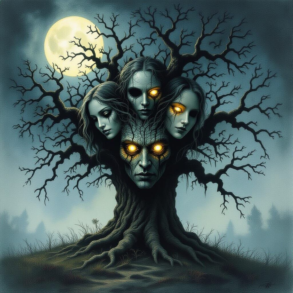 Sinister Oak Tree with Faces Under Full Moon