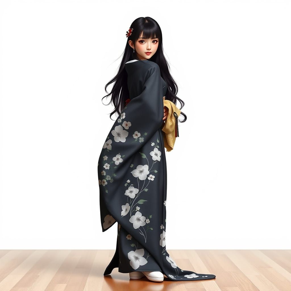 Realistic Japanese Woman in Elegant Kimono, Traditional Whit...