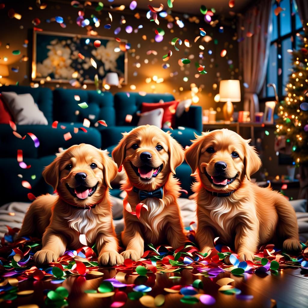 Joyful Puppies Celebrate New Year's Eve