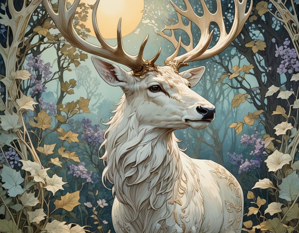 Art Nouveau Lithograph: Majestic Stag in Spring Forest