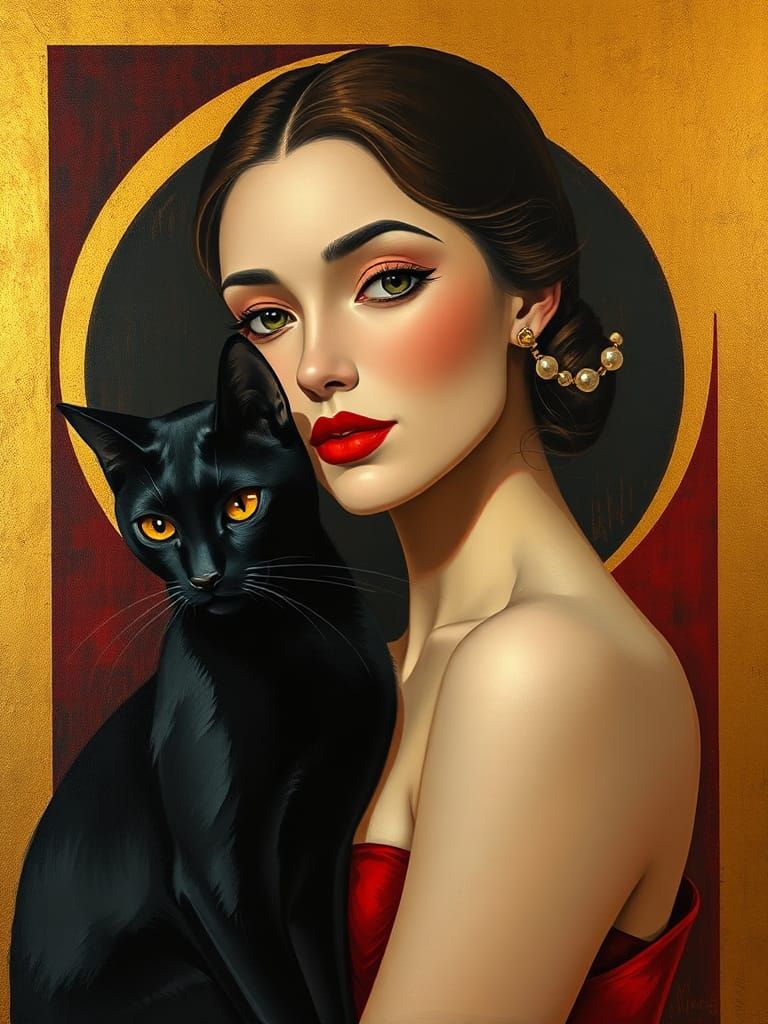 Elegant Woman with Cat in Art Deco Style