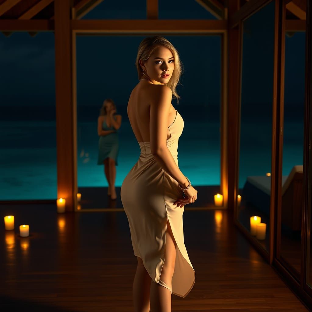 Elegant Woman in Overwater Villa at Night