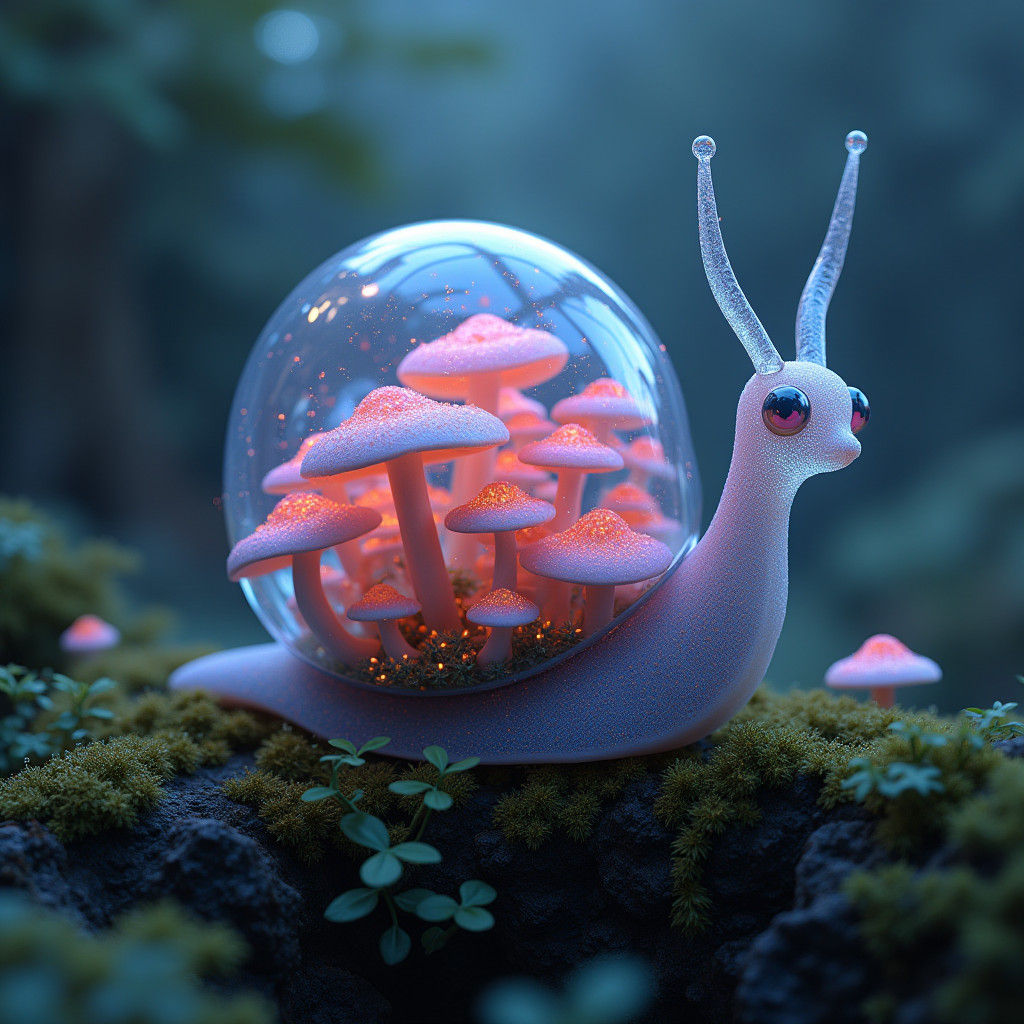 Glass Snail with Bioluminescent Mushrooms: Matte Painting