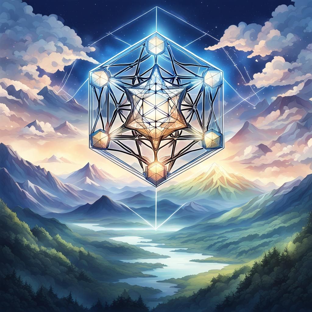 transparent sacred geometry metatron's cube with mountain range in the distance