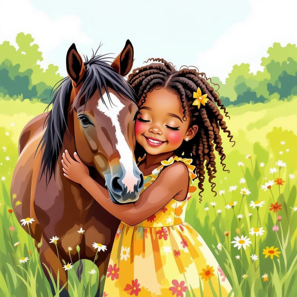 Girl Hugging Horse in Wet-on-Wet Watercolor Style
