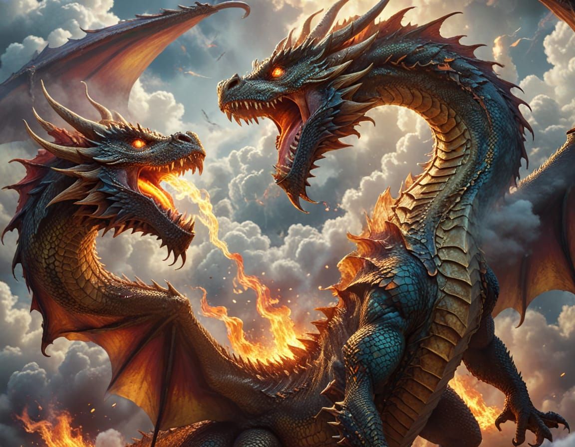 Fantasy Dragon Spitting Fire Amidst Clouds