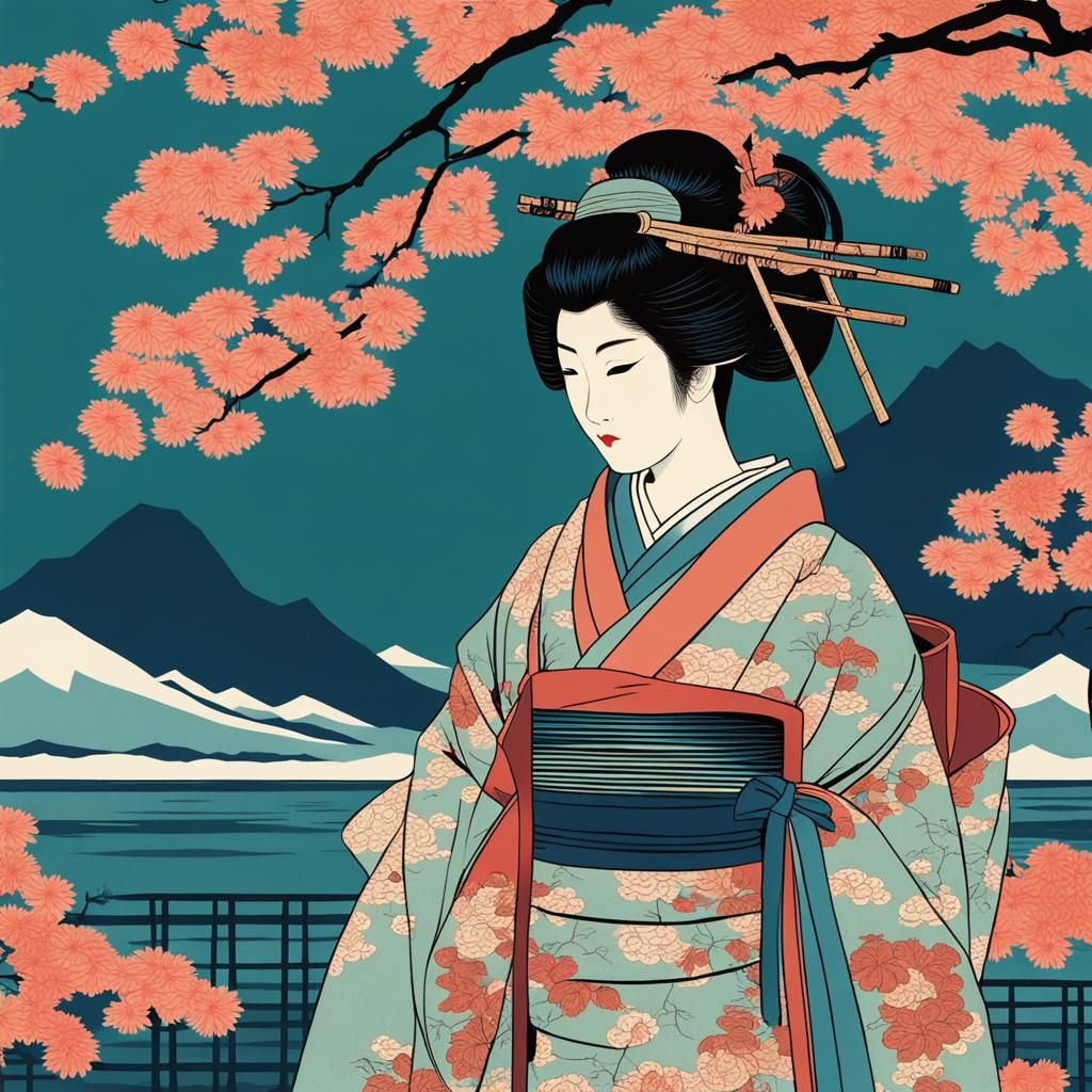 Japanese Geisha Scene in Ukiyo-e Style