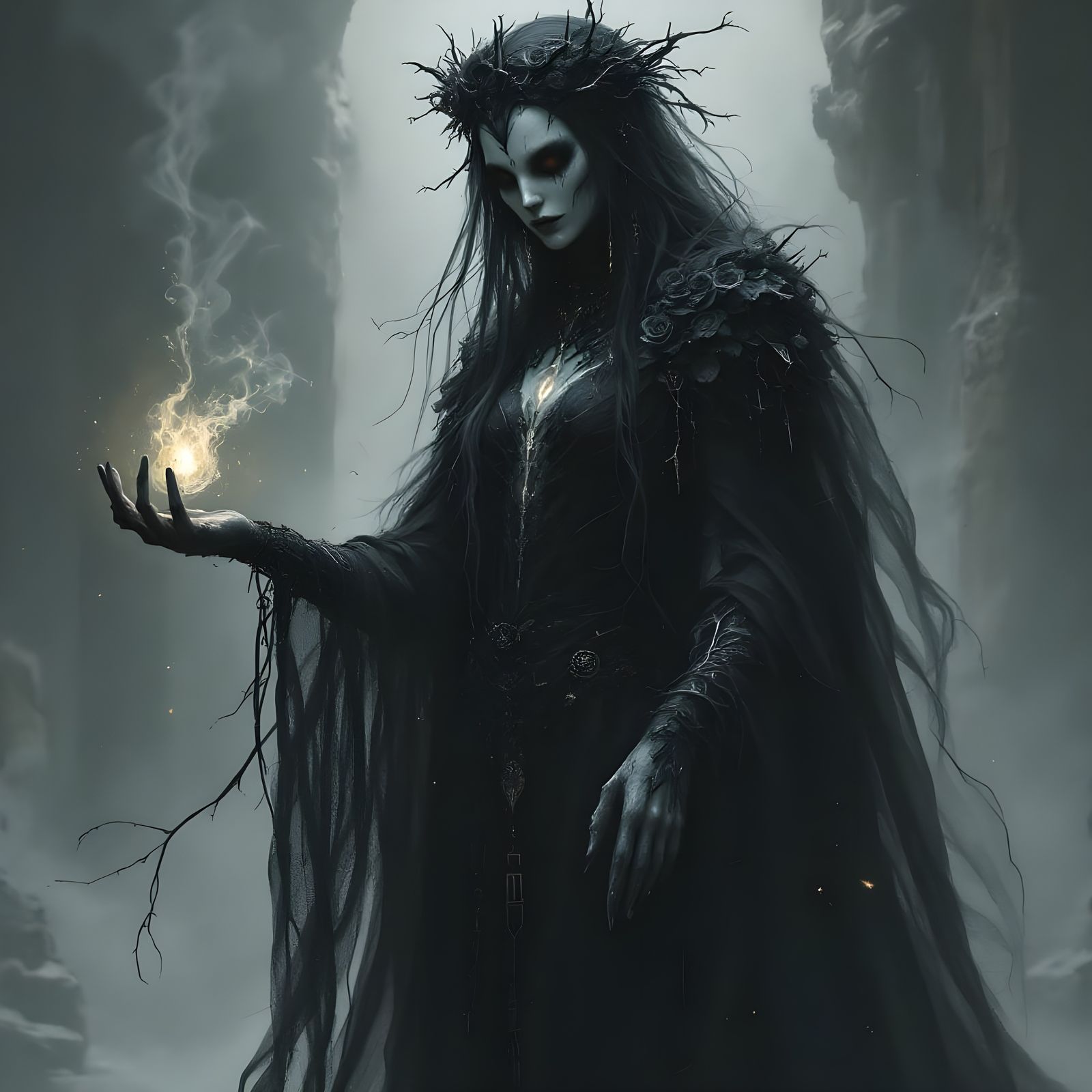 Spectral Goddess in Shadowy Robes with Eerie Silver Glow