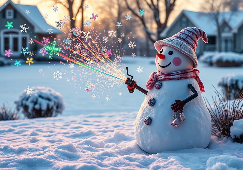 Snowman Sprays Iridescent Snowflakes in Hyper-Realistic Styl...
