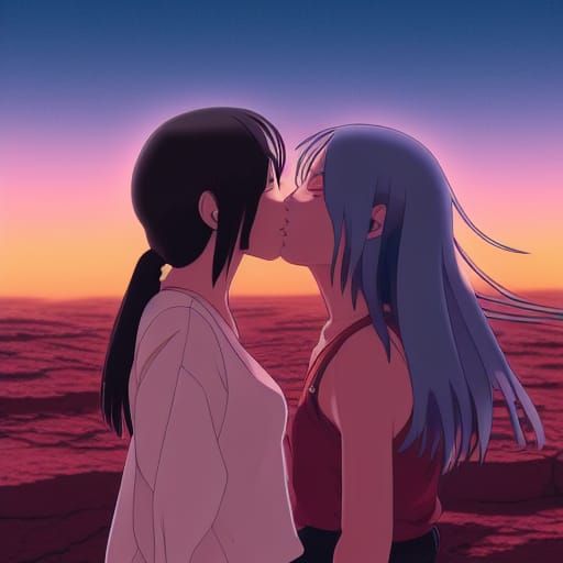 Anime Girls Kissing on Mars Sunset: Ghibli Style