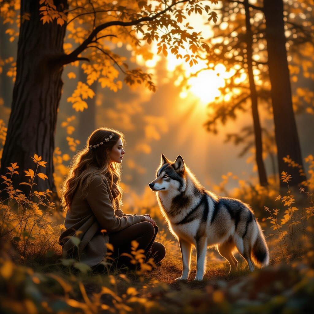 Golden Hour Forest Scene with Girl and Wolf