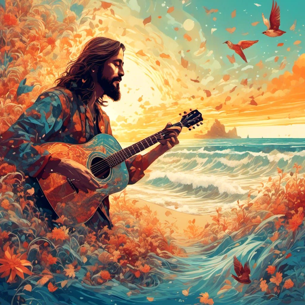 Surreal Guitar Singer in Beachscape Double Exposure