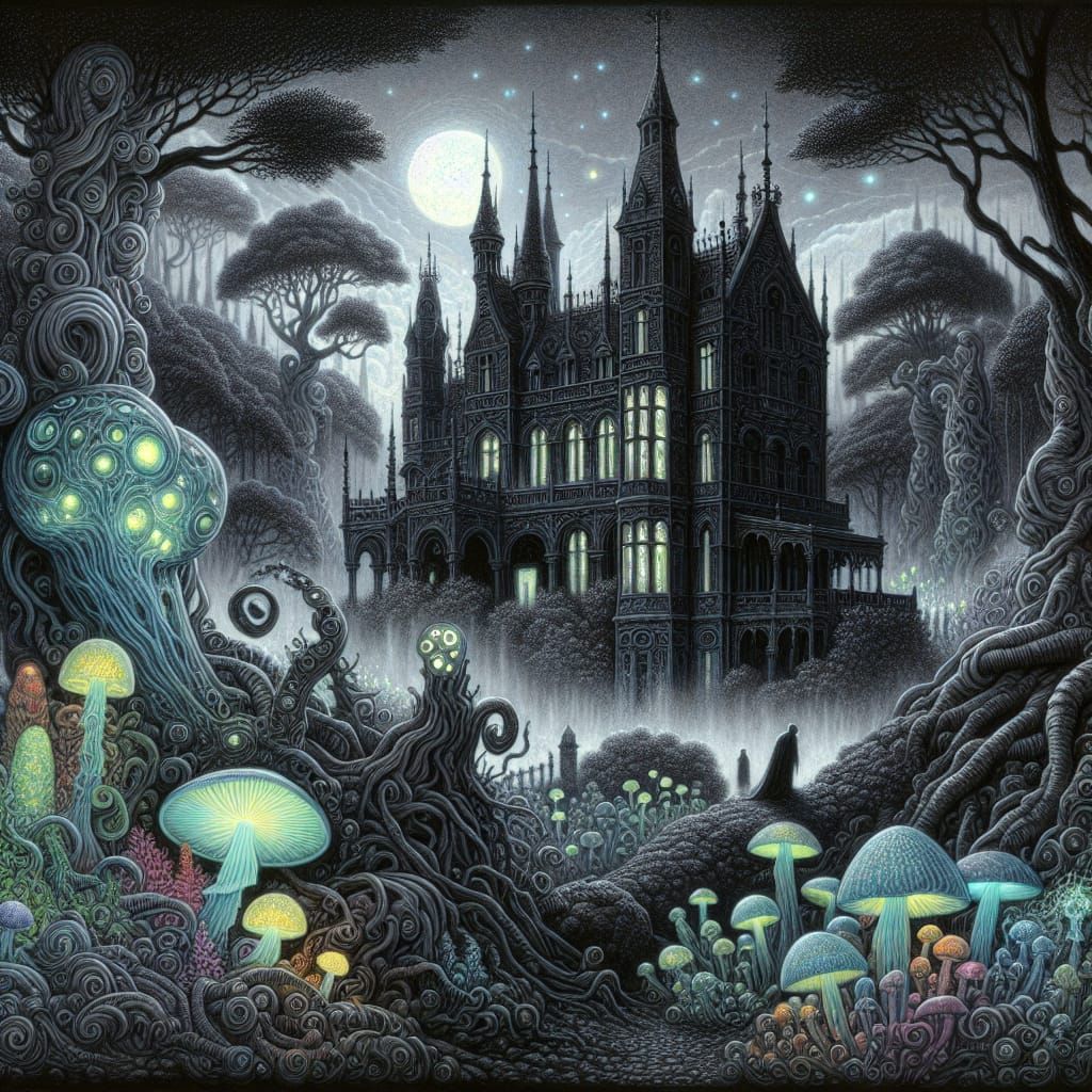 eldritch forest encounter, art by H.R. Giger and Yoshitaka A...
