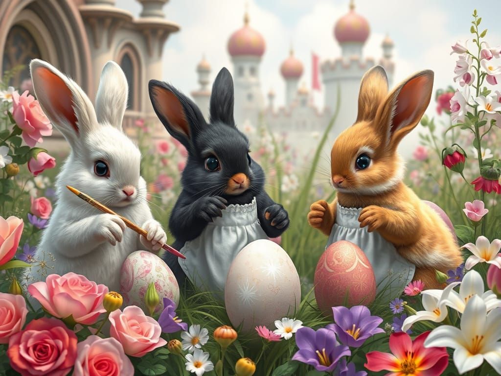 Easter Bunnies Painting Eggs in Renaissance Style