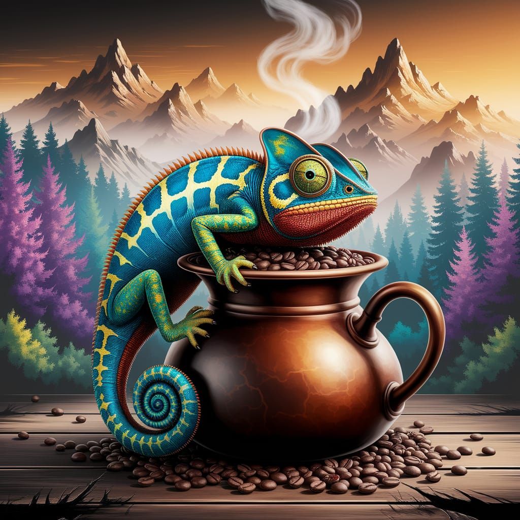 Chameleon Guarding Coffee Pot in Airbrushed Oil Painting