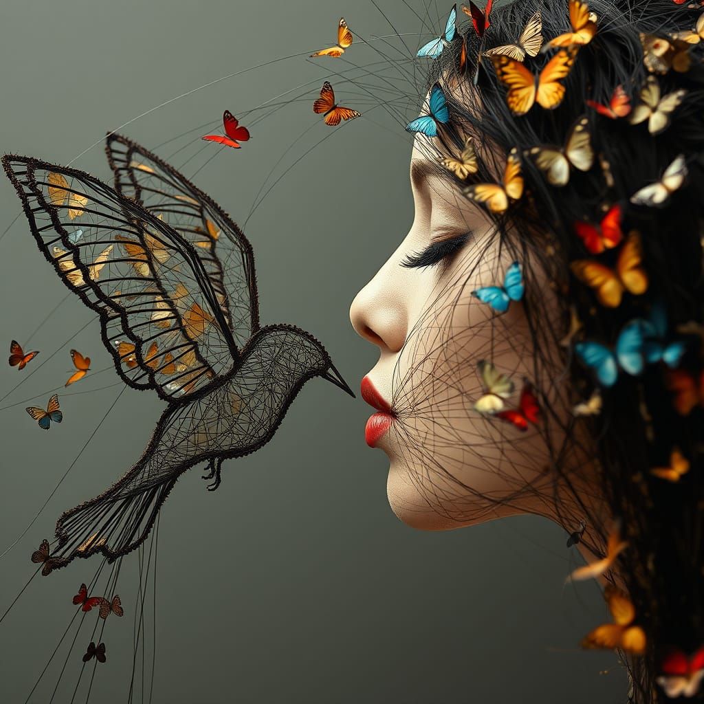 Surreal String Woman Kissing Butterfly Bird