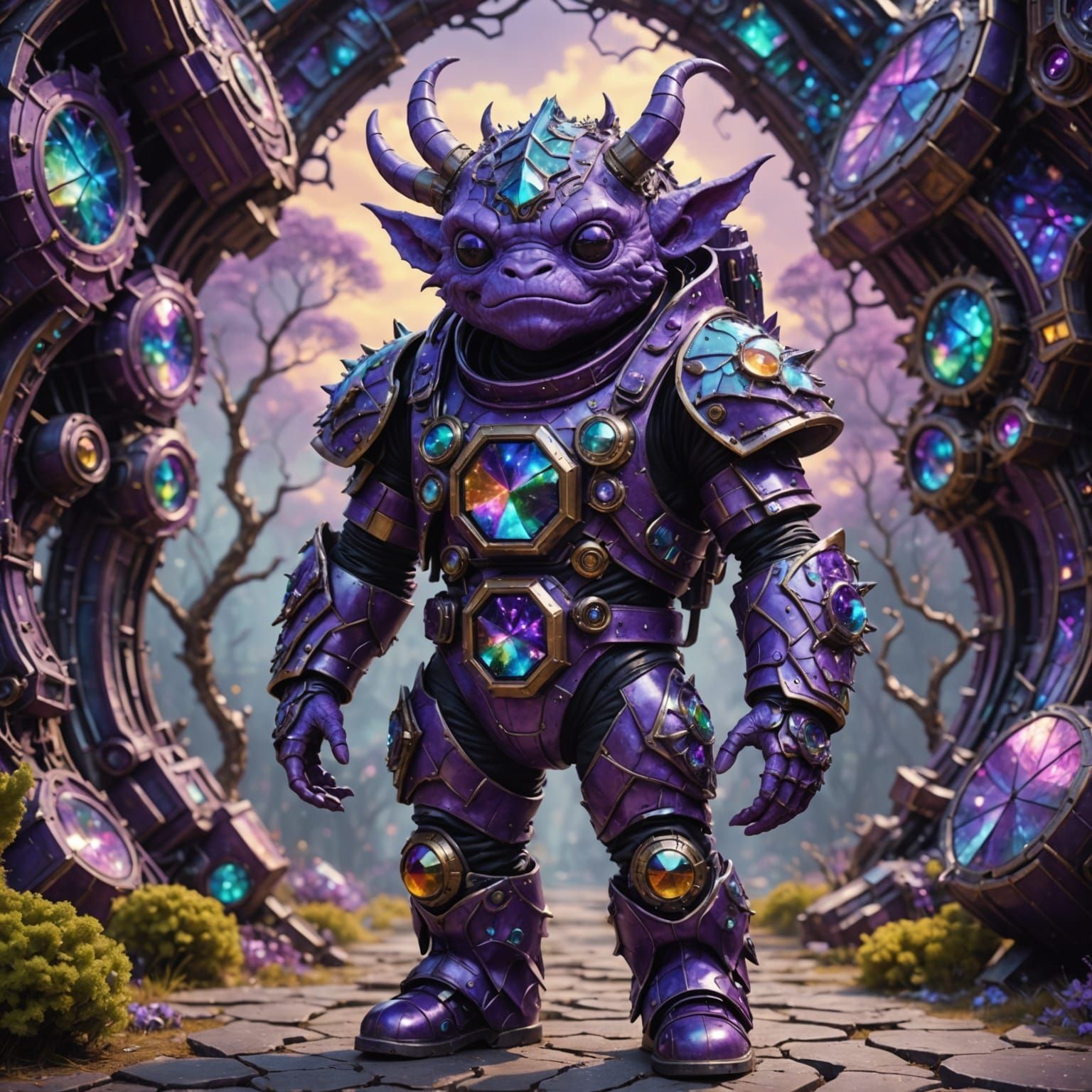 Whimsical Hybrid Creature Among Vibrant Bismuth Fractals