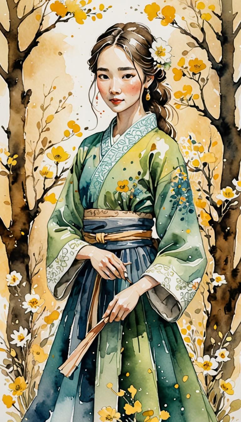 Korean Girl in Hanbok: Watercolor Illustration