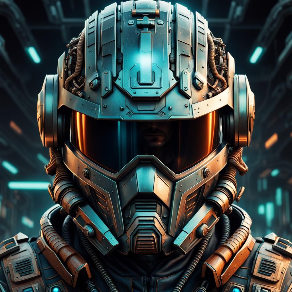 Futuristic Battle Helmet with Virtual Screen in Cyberpunk St...