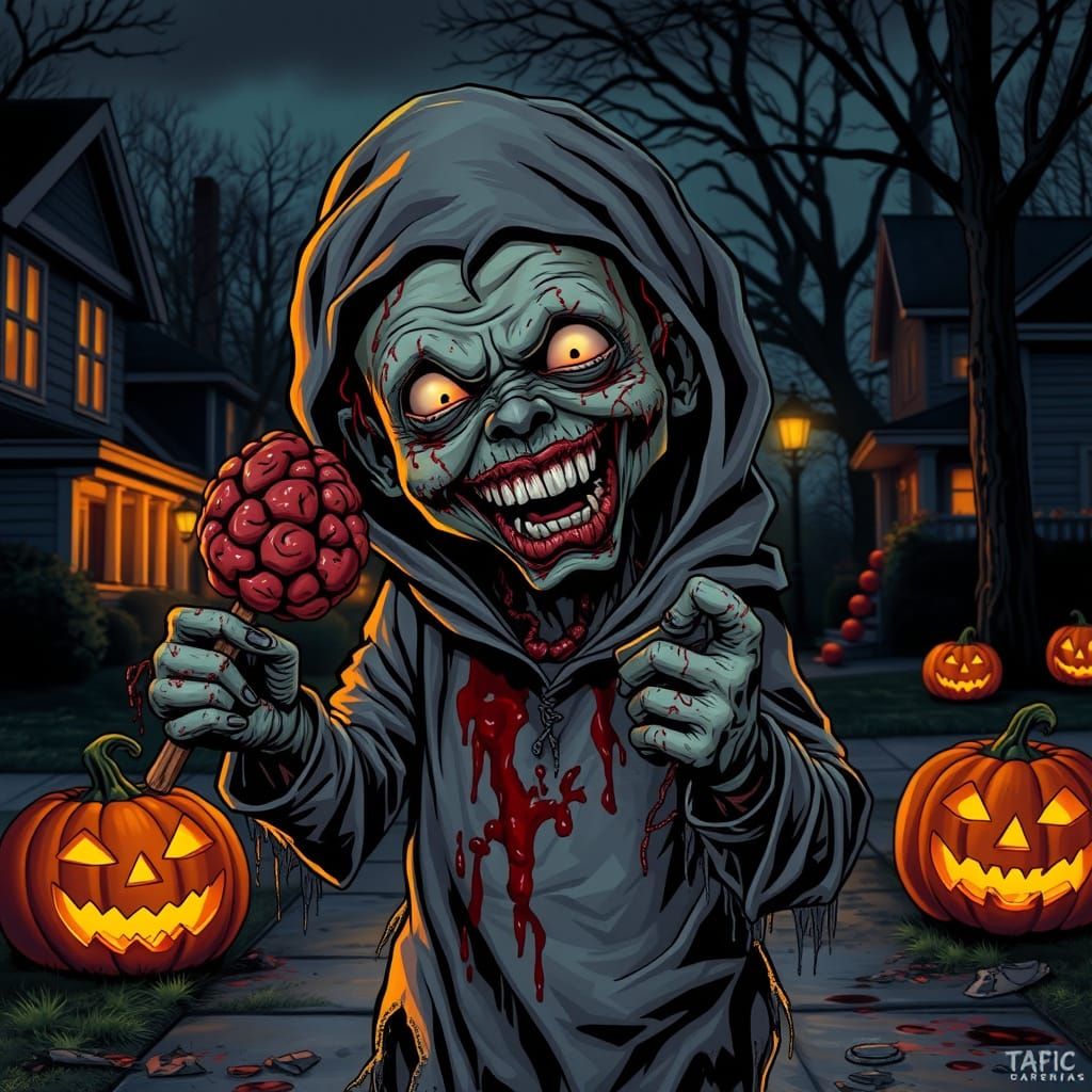 Zombie Child Eats Candy Brain on Spooky Street
