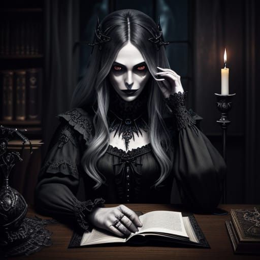 Gothic Witch Reading Spellbook by Candlelight