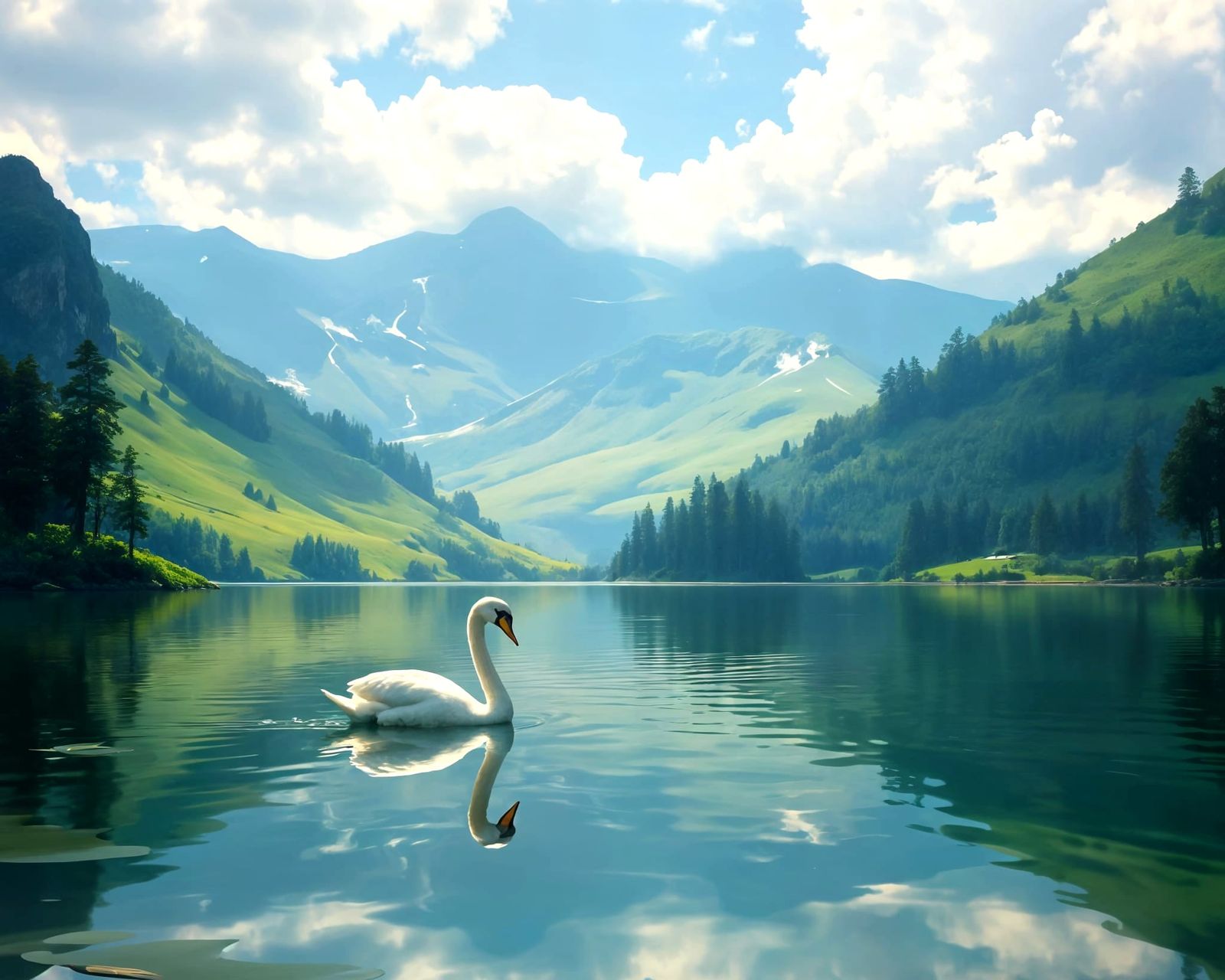 Glass Swan on Crystal Lake: Hyperrealistic Landscape