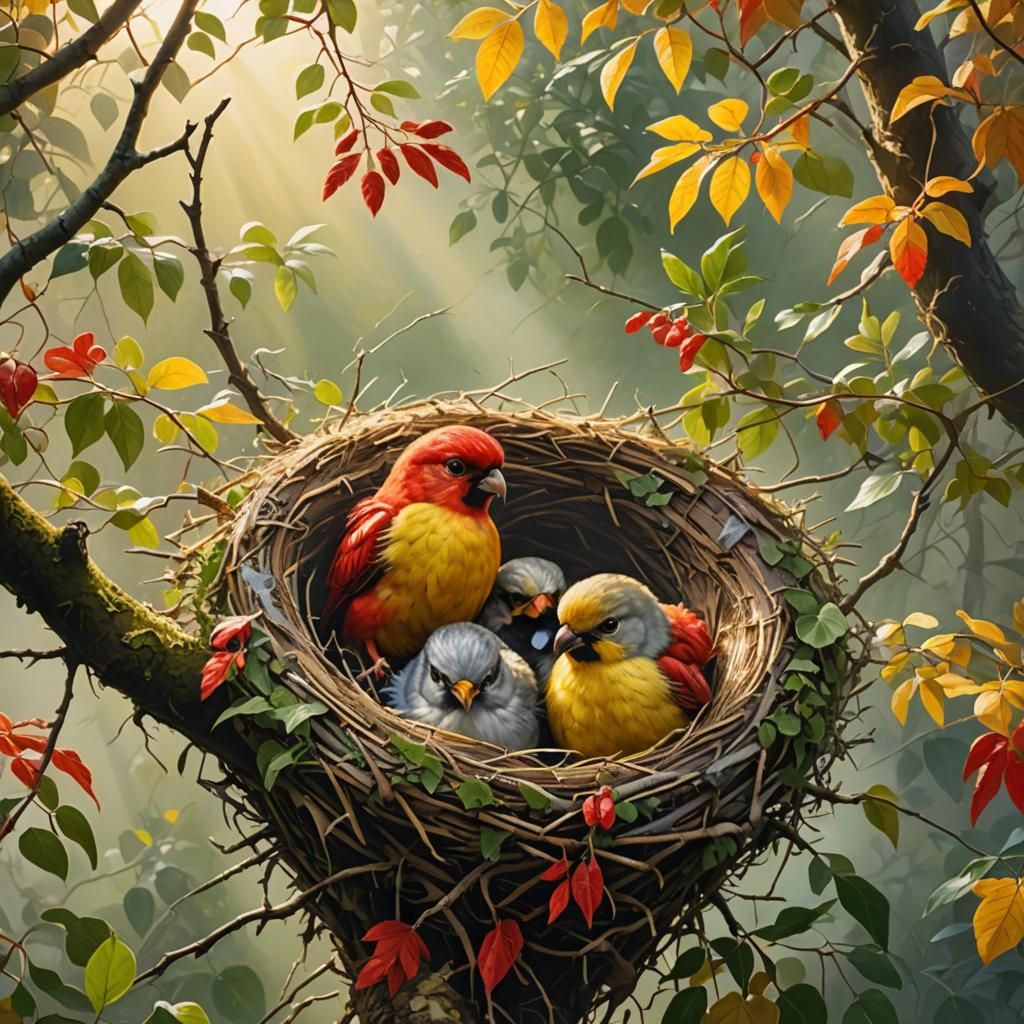 Red and yellow Love birds in a nest