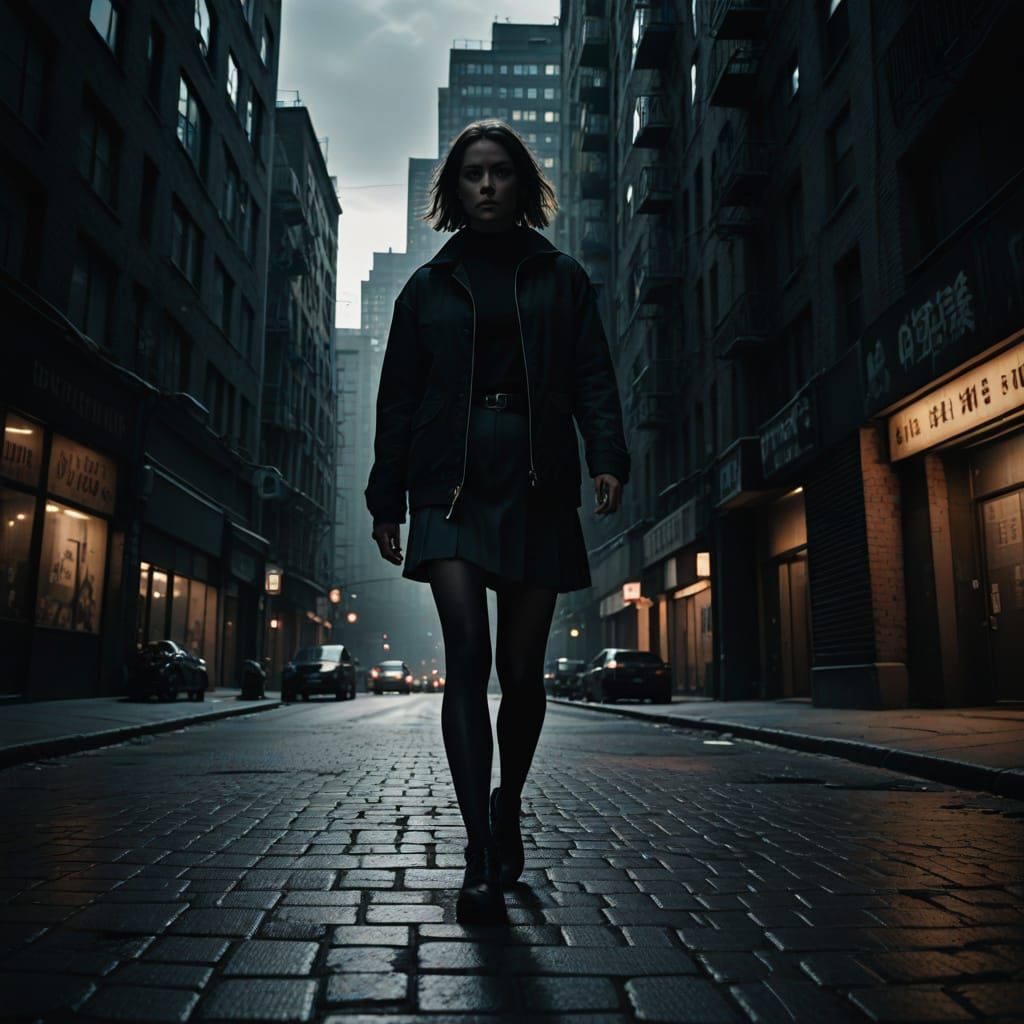 Moody Film Noir Woman in City Streets
