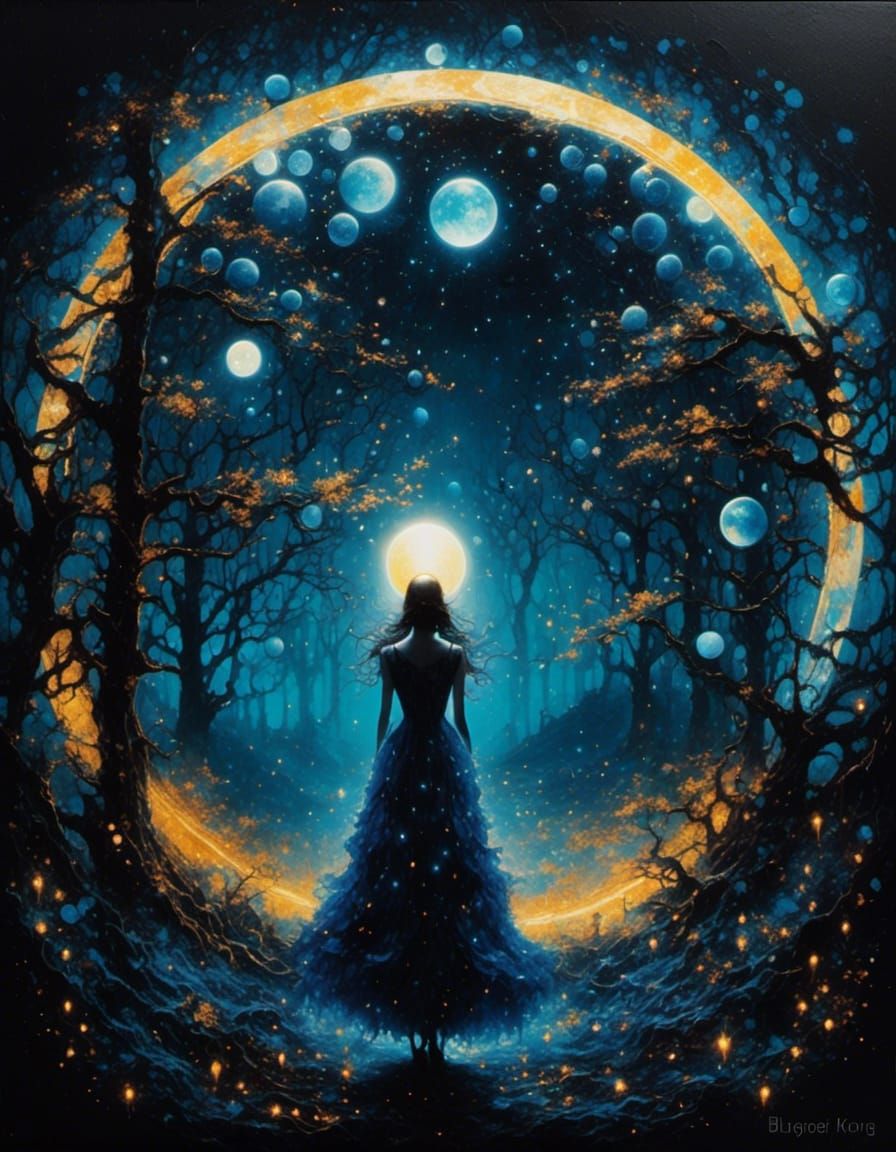 Ethereal Woman Portrait with Light Orbs, Impasto Oil Paintin...