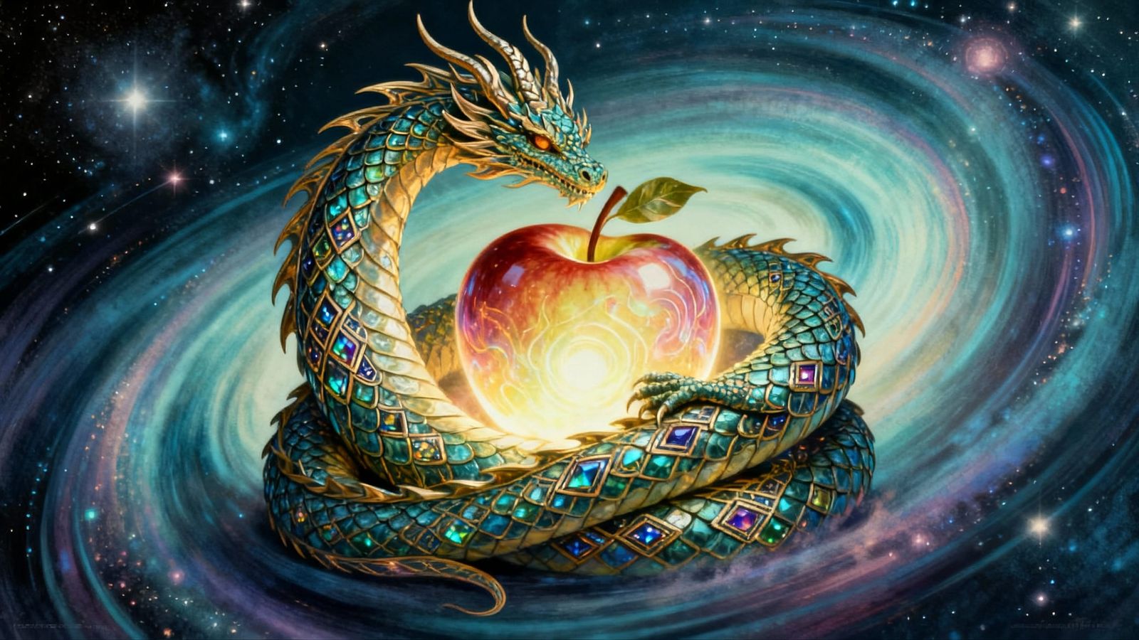Art Deco Dragon Guards Cosmic Apple