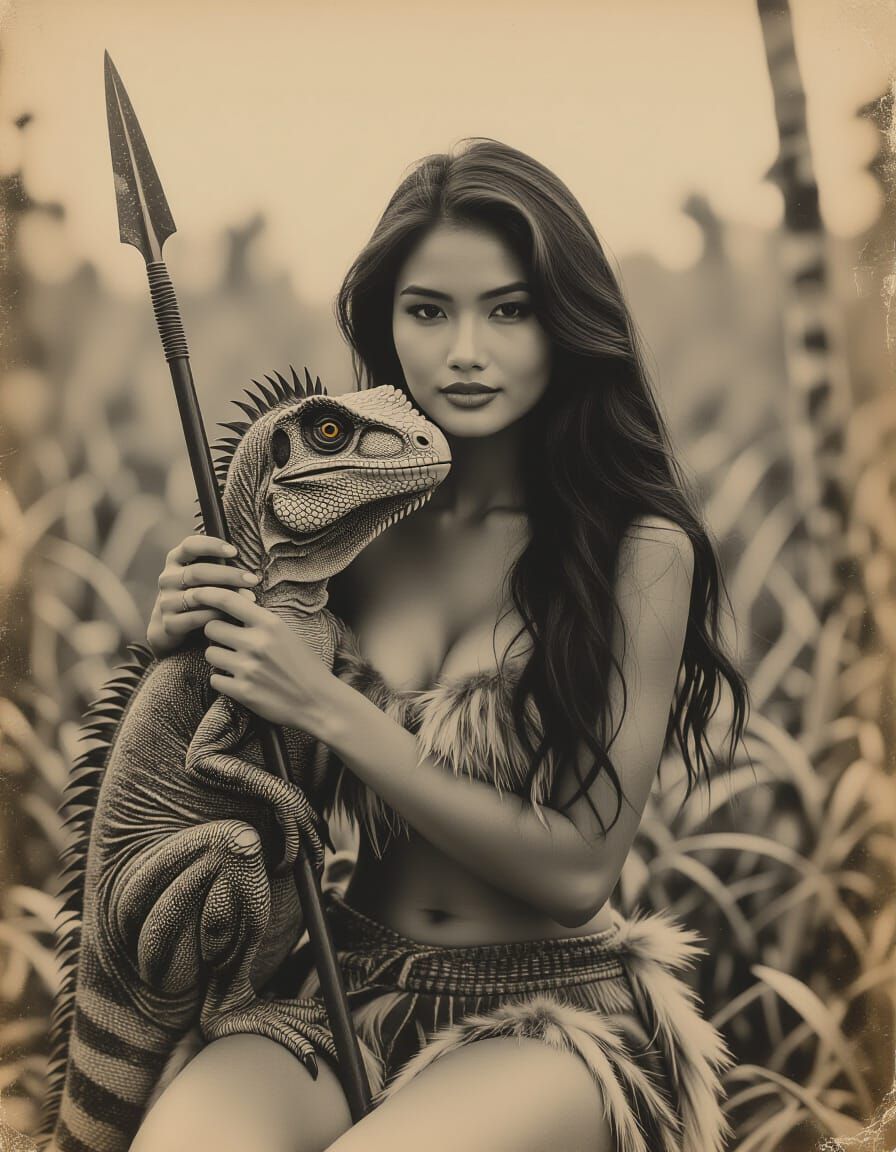 Jurassic Photo: Woman and Velociraptor in Sepia