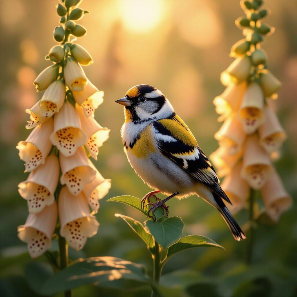 Miniature Goldfinch in Glowing Forest, Hyperrealistic Digita...