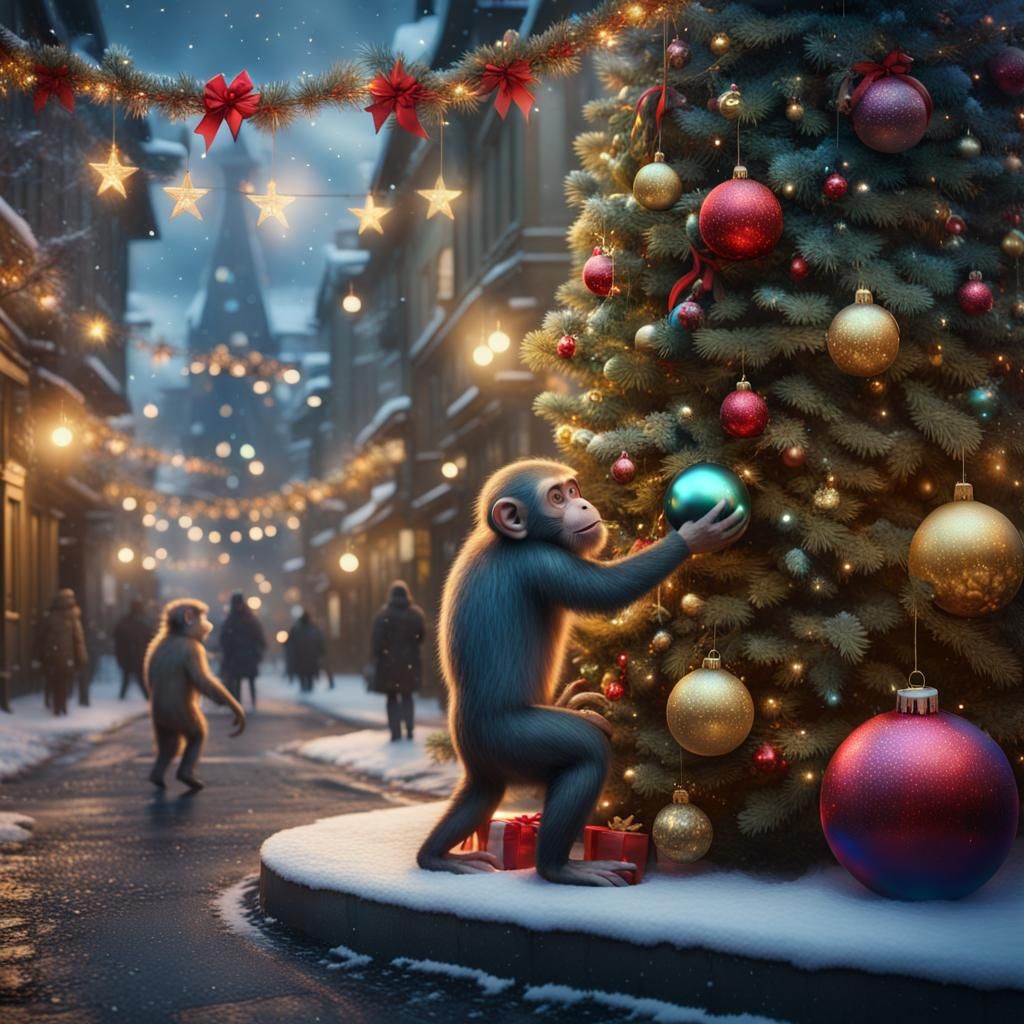 Monkey Stealing Christmas Ornament: Detailed Digital Paintin...