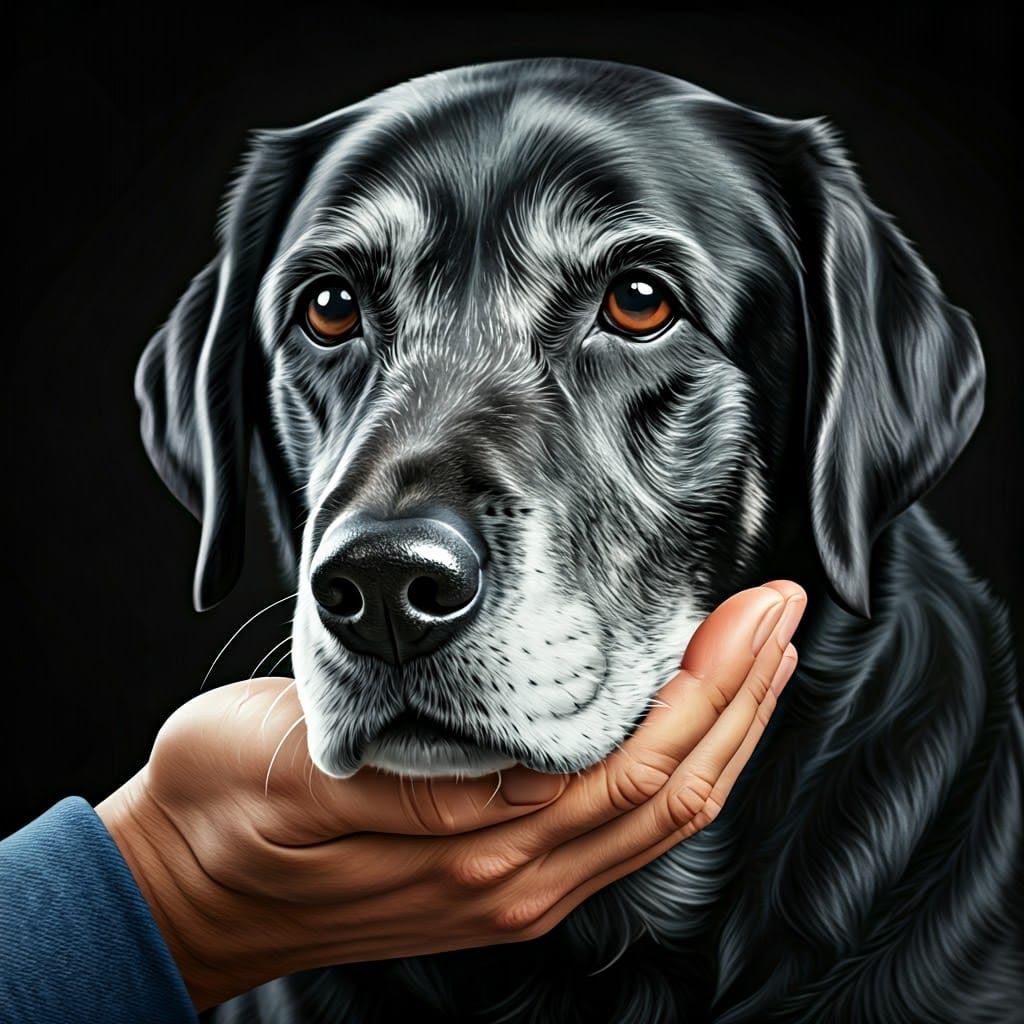 Old Black Labrador Retriever in Gentle Hands