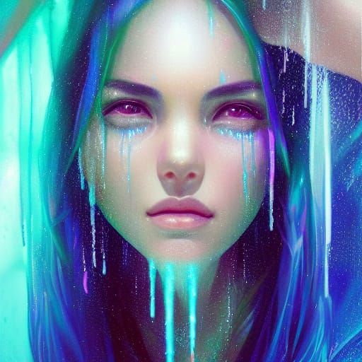 Bioluminescent Woman Behind Waterfall: Hyperdetailed Portrai...