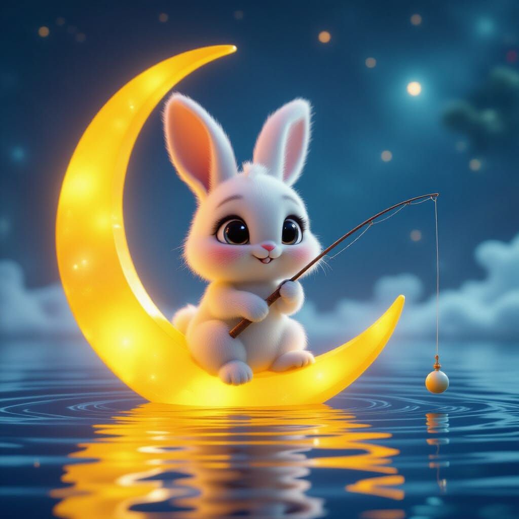 Fluffy Rabbit Fishes Cosmic Lake on Glowing Moon