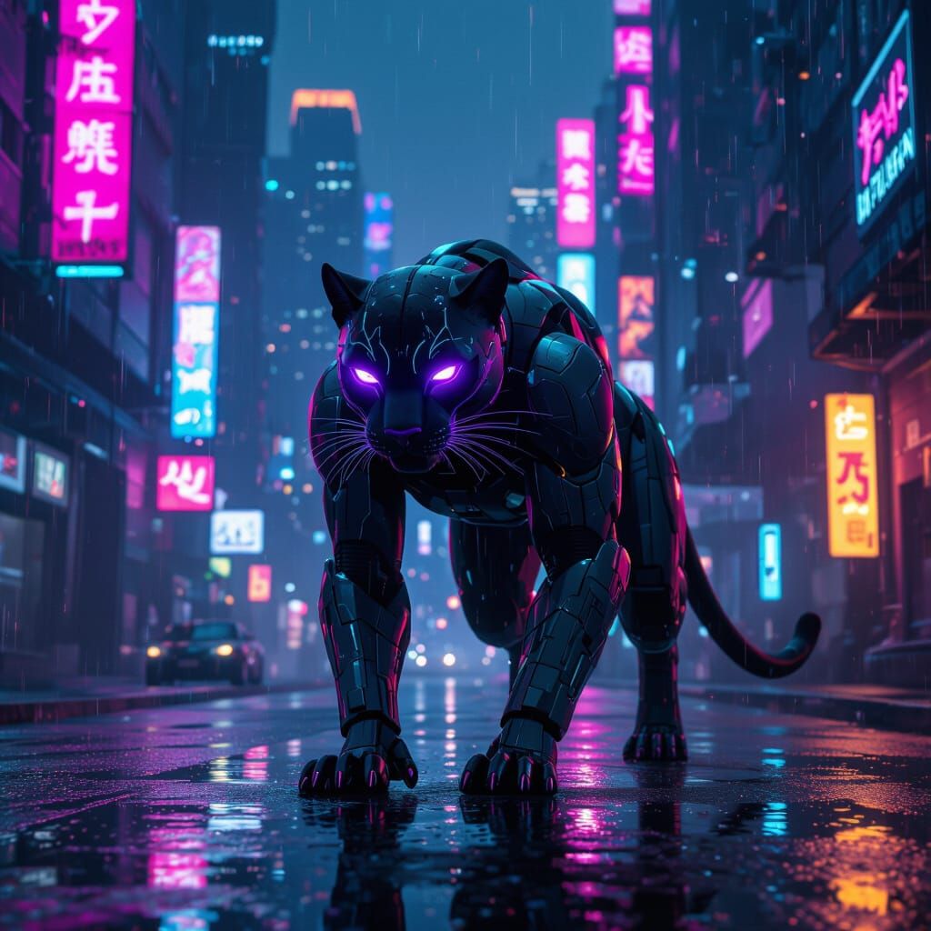 Cyberpunk Panther in Neon Cityscape