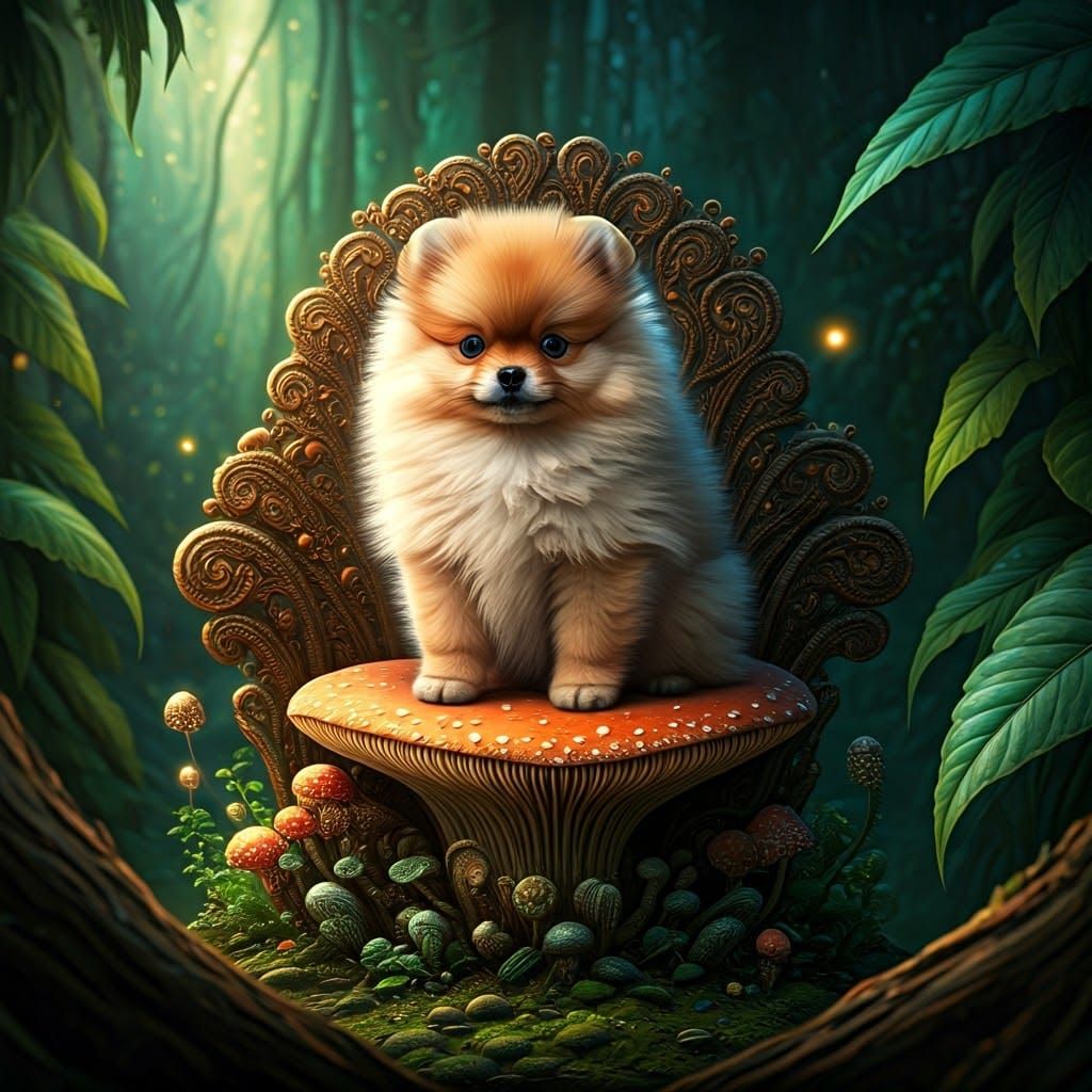 Pomeranian Puppy King on Toadstool Throne