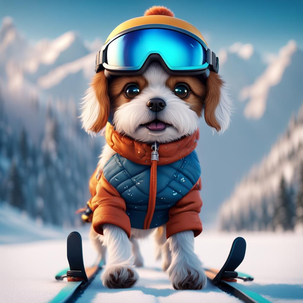 Cute Little Dog Skiing: Detailed Matte Painting