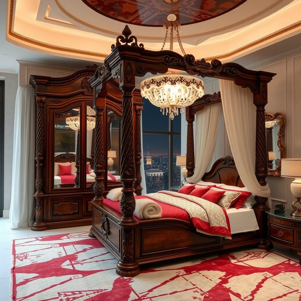 Luxury Geode Crystal Bedroom with Carved Wood Armoire