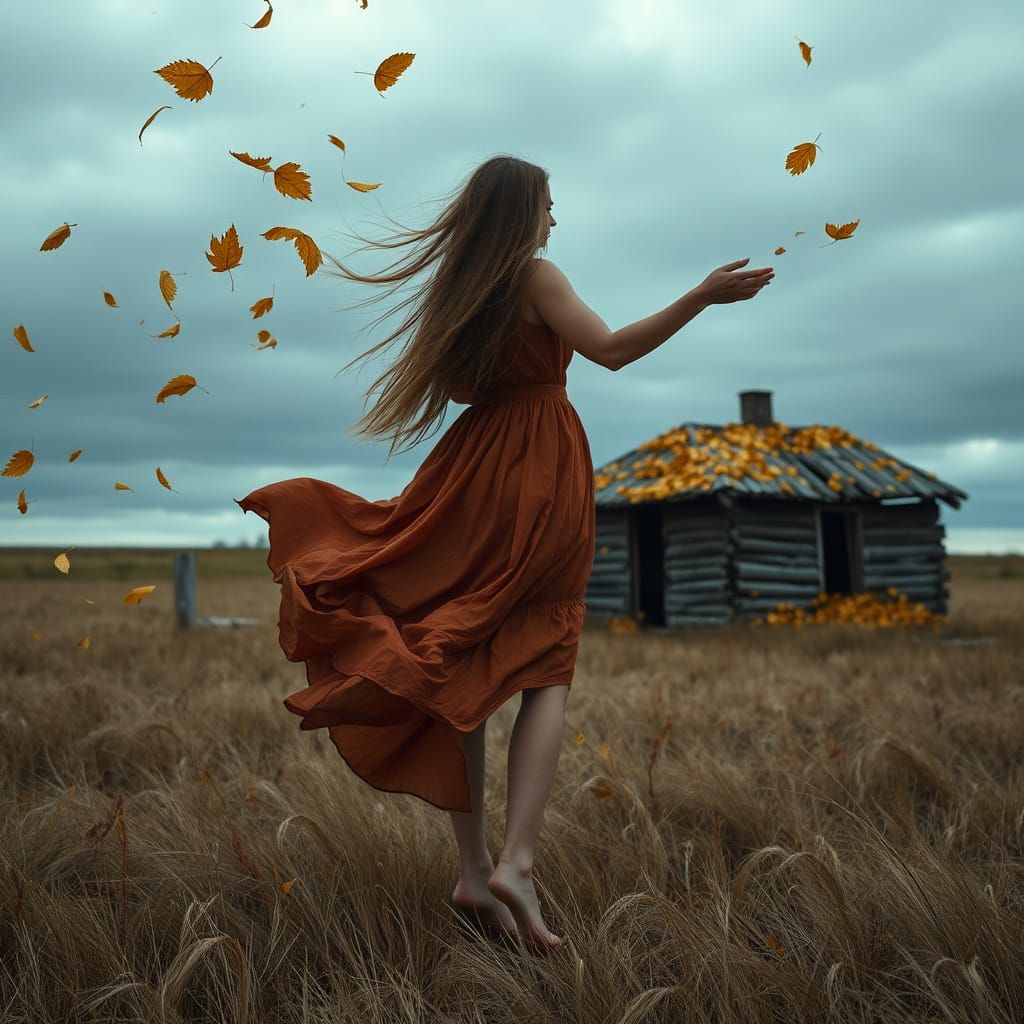 Ethereal Woman in Wind-Swept Field of Unraveling Time