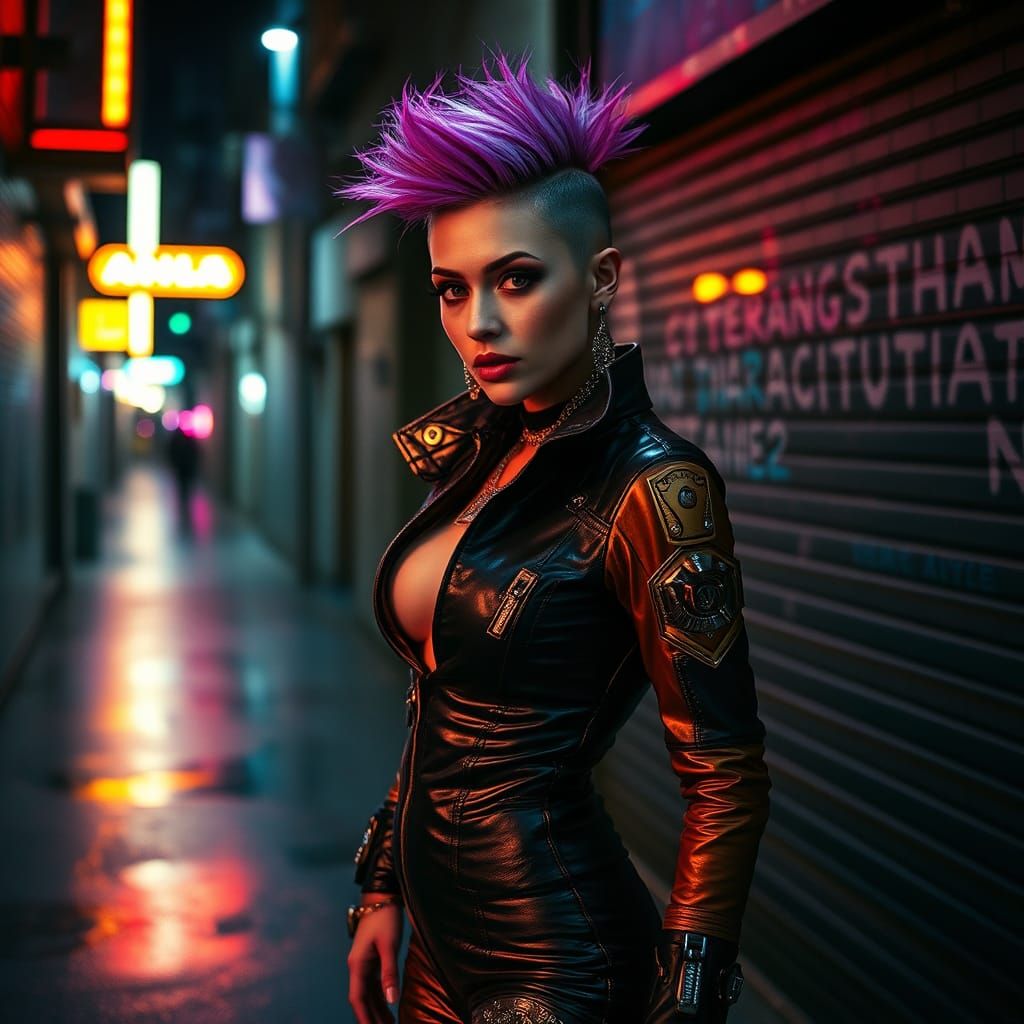 Cyberpunk Woman in Neon Alleyway, 80s Style