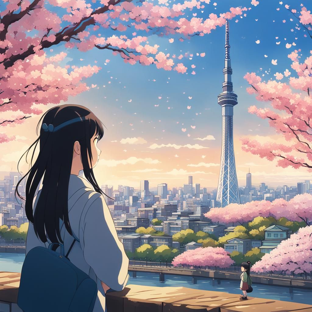 Anime Schoolgirl Admiring Tokyo Skytree in Spring