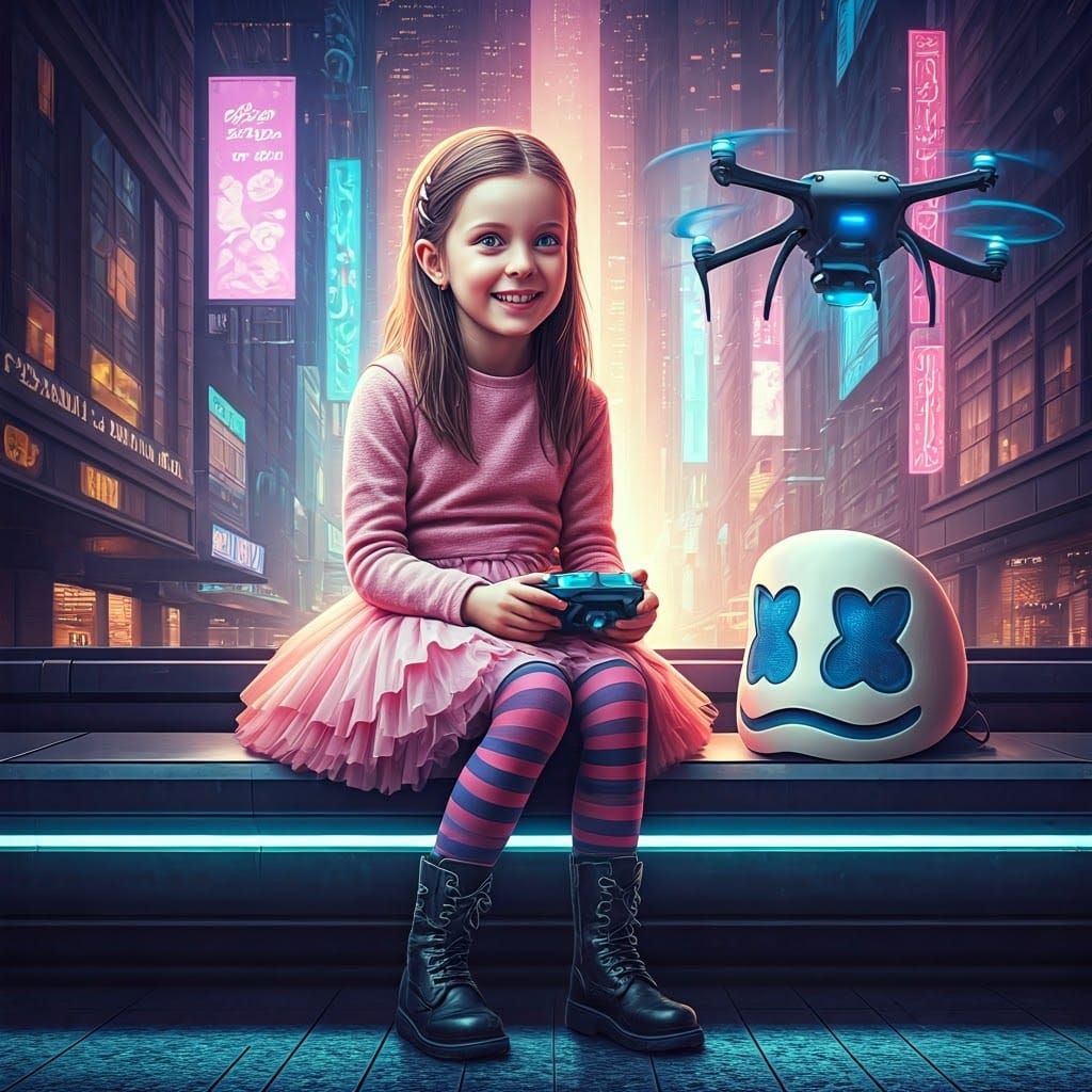 Girl and Drone in Syd Mead Inspired Cityscape