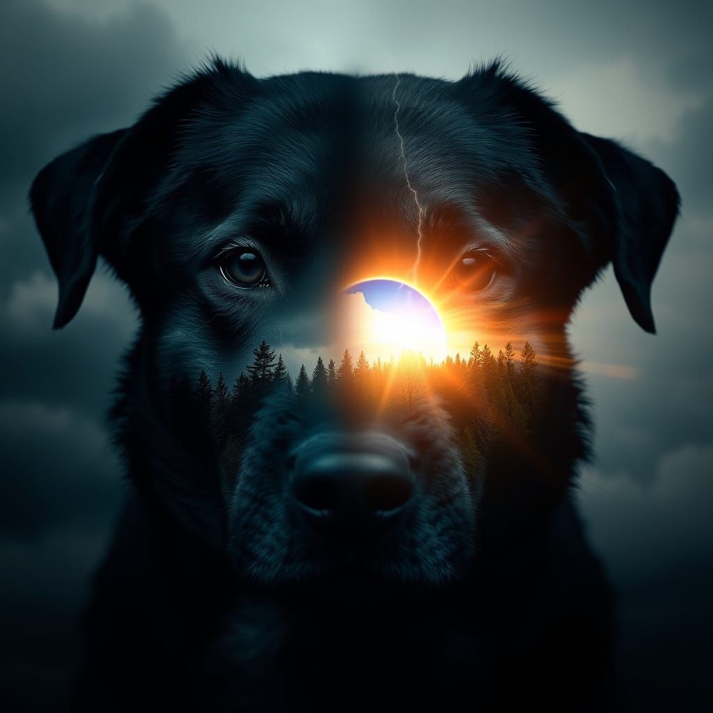Dramatic Eclipse Dog Portrait: Inner Chaos Meets Serenity