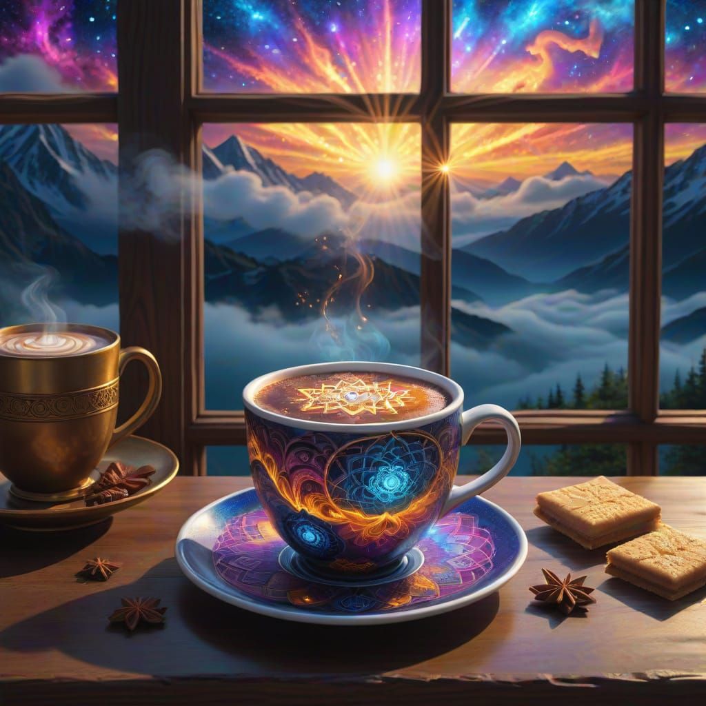 Cosmic Mugs in a Mystical Winter Scene