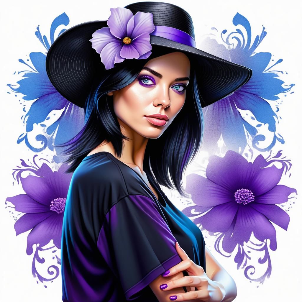 Airbrushed Portrait of Woman with Hat on White