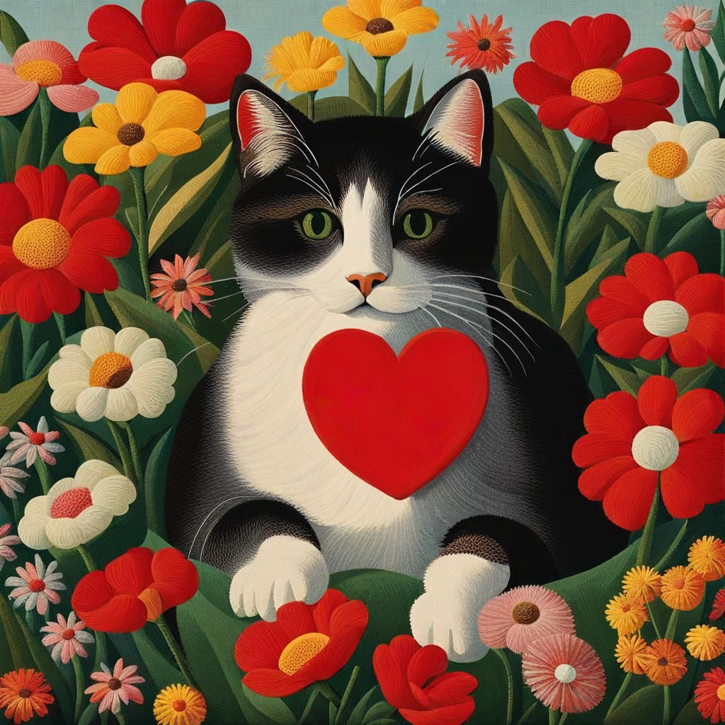 Cute Cat Surrounded by Flowers in Folk Art Style