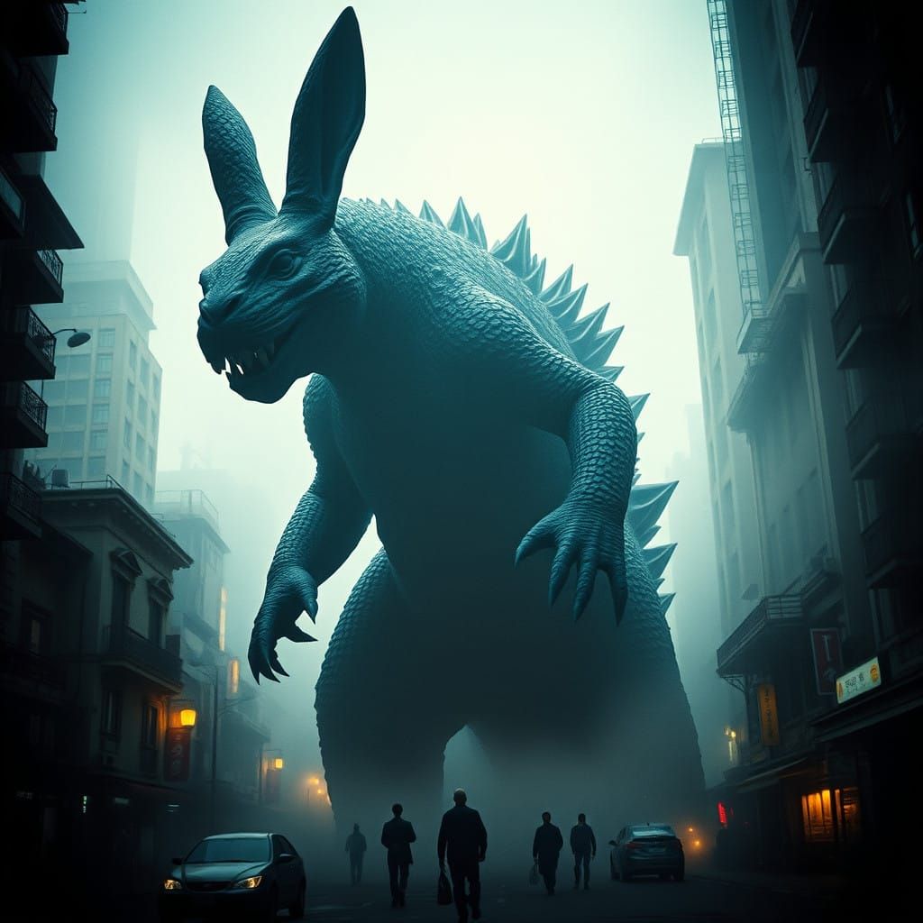 Cyberpunk Godzilla-Rabbit Hybrid Emerges in Dark Hong Kong C...